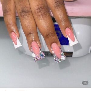 Pink and White Rhinestone Nail Art